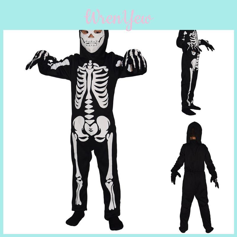 Kids' Skull Print Jumpsuit Halloween Costume Set For Role Play And Themed Party