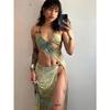 Aesthetic Printed Two Piece Set Women Halter Bandage Irregular Camis+High Side Split Maxi Skirts Female Vacation Outfits
