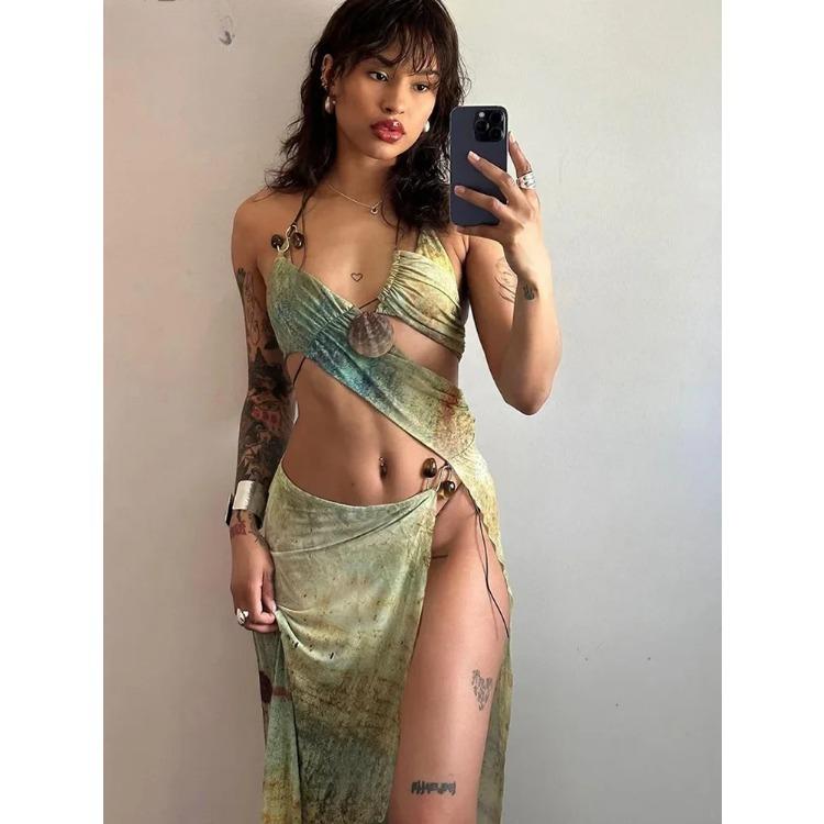 Aesthetic Printed Two Piece Set Women Halter Bandage Irregular Camis+High Side Split Maxi Skirts Female Vacation Outfits