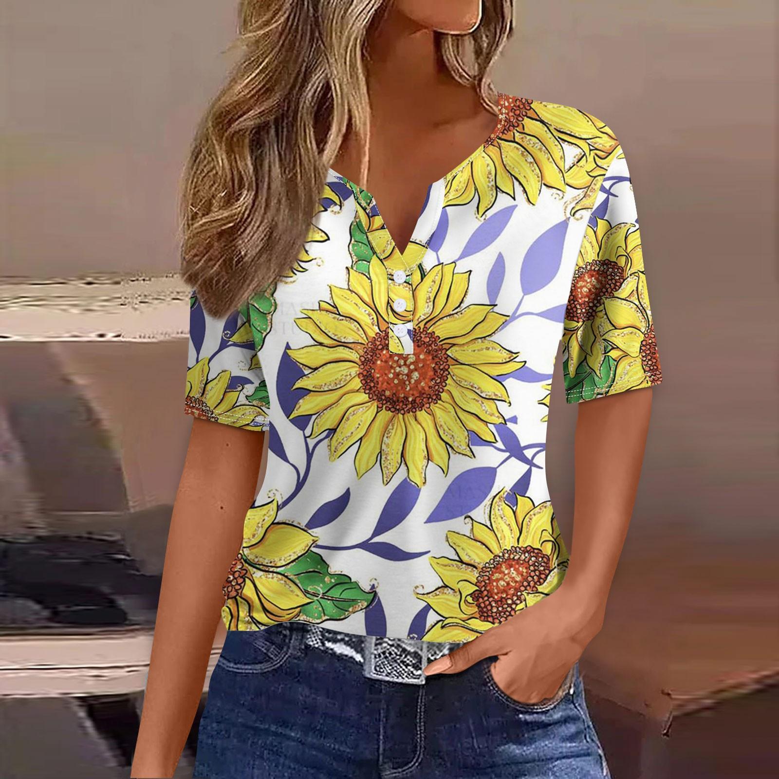 

Жіноча футболка з принтом на ґудзиках, з коротким рукавом, щоденна мода на вихідні, базовий V-подібний виріз, звичайний топ XL жовтий