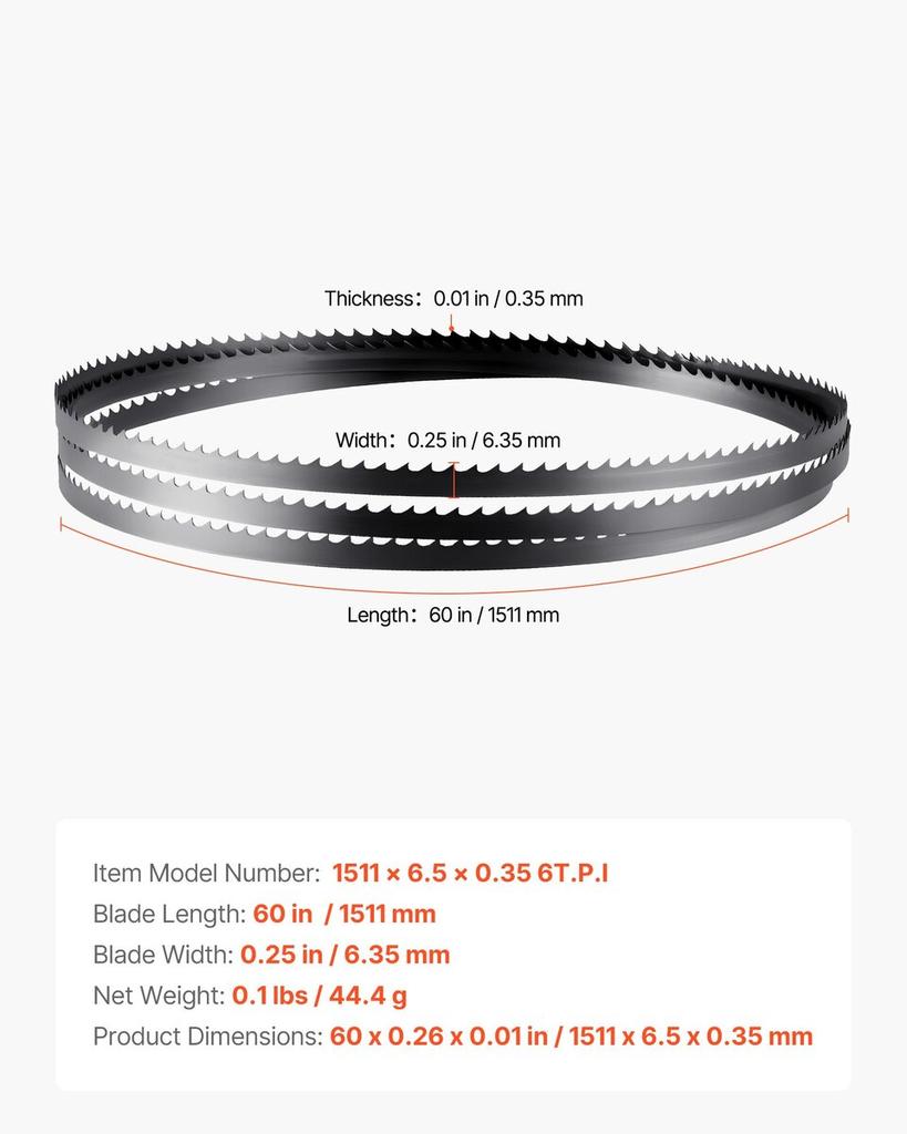 Bandsaw Blade, 1511 mm Length, 6 TPI Band Saw Blade with 15 HRC Hardened Sharp Teeth, SK5 High-Strength Carbon Steel, 6.35 mm Width, Replacement for