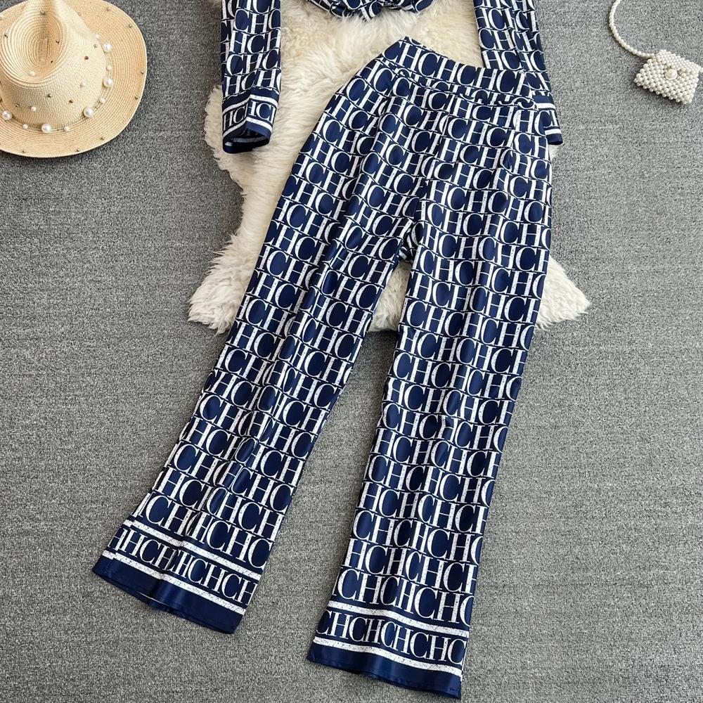 Women's Summer Version of The Loose Single-breasted Letters Printed Shirt Two-piece Set of High-waisted Thin Straight Wide-legged Trousers