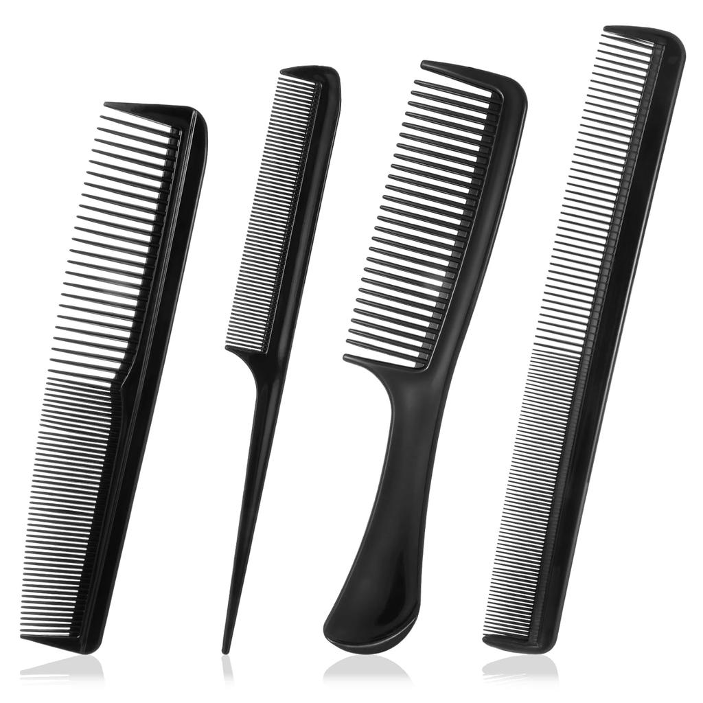 4 Pcs Professional Black Comb Set, Combs for Women and Man, Styling Comb, Rat Tail, Wide and Fine Tooth Hair Dressing Combs for Teasing and Parting,