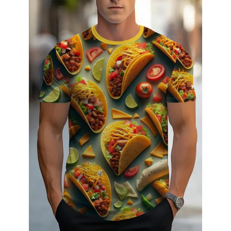 Large Men's French Fries Hamburger Pattern 3D Printed Men's Round Neck Short Sleeved T-shirt Summer Fashion T-shirt Casual Comfortable Versatile Top