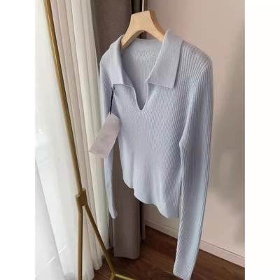 Temperament V-neck Knitted Sweater Women's Spring and Autumn Thin Polo Shirt Design Sense Niche Base with Short Top Inside