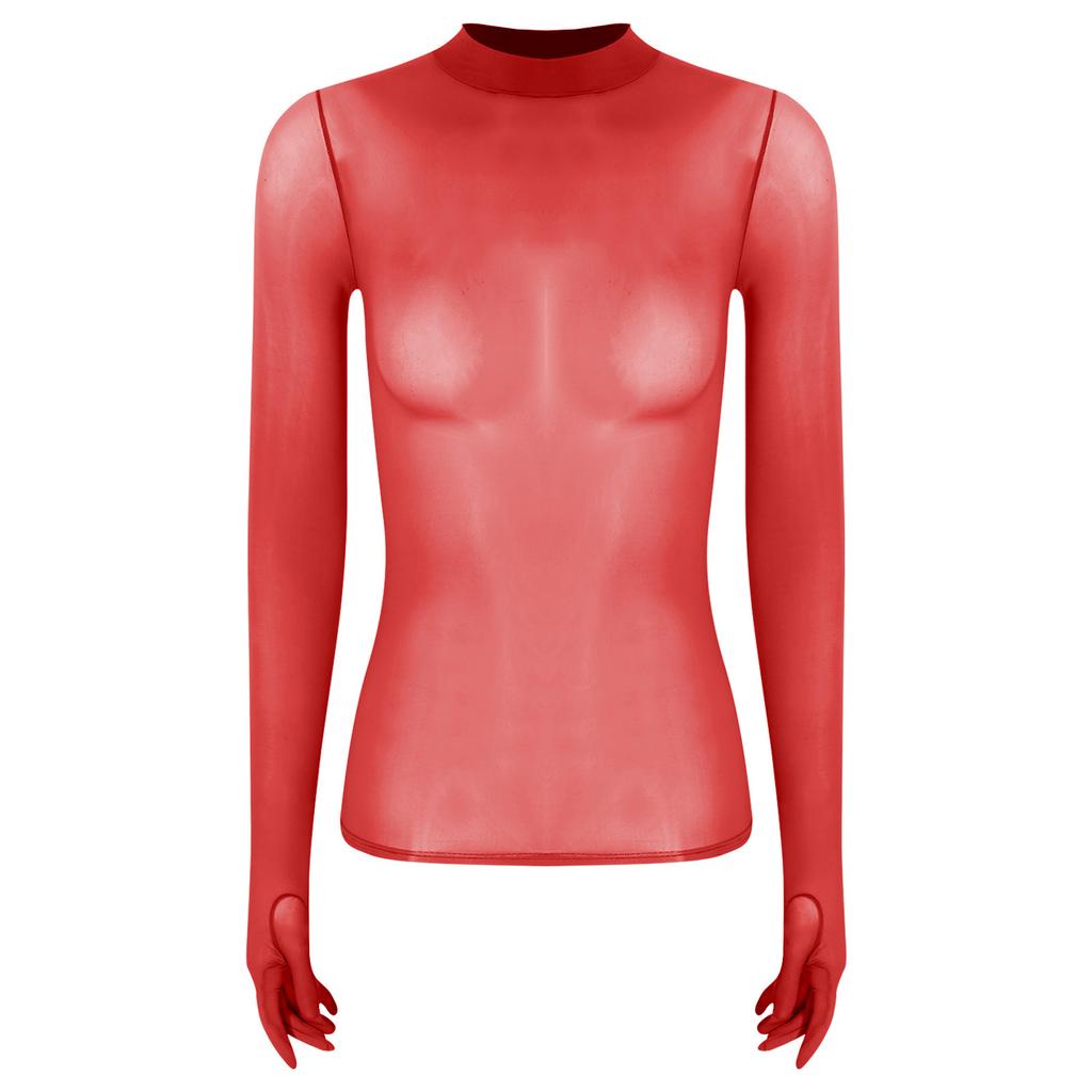 Womens Glossy Sheer Long Sleeve Top Slim Fit Stretchy Pullover Round Neck Nightclub Glamorous Clubwear