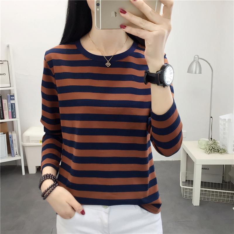 Women's Plus Size Striped Long Sleeve Cotton T-Shirt - Autumn Collection for Middle-Aged Moms