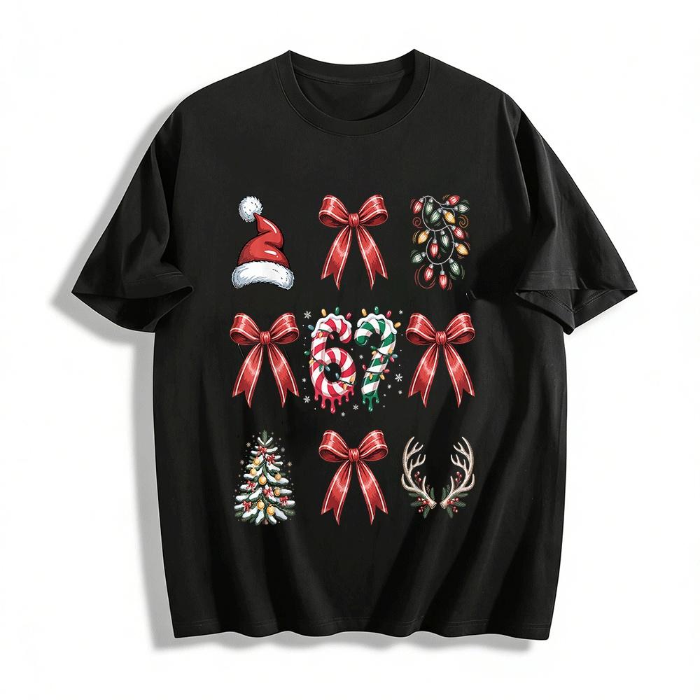 

Christmas Element Print Top Santa Hat Bow Antlers Design Pure cotton T-shirt XXS