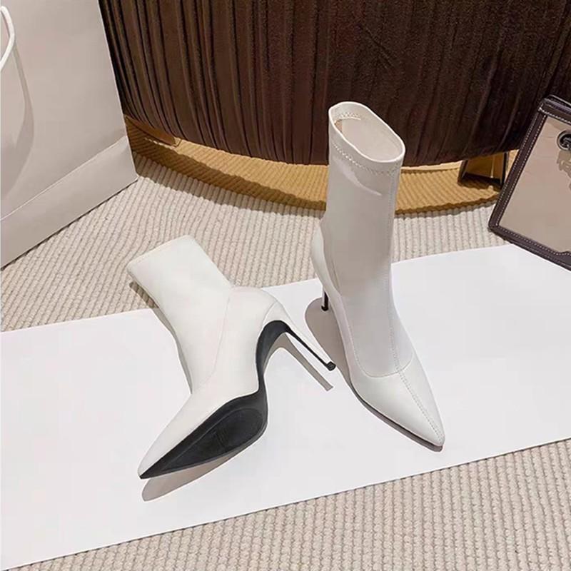 Autumn And Winter Short Boots Women'S High-Heeled Elastic French Black Pointed-Toed Thin-Heeled Thin Boots Suede White Boots Temperament