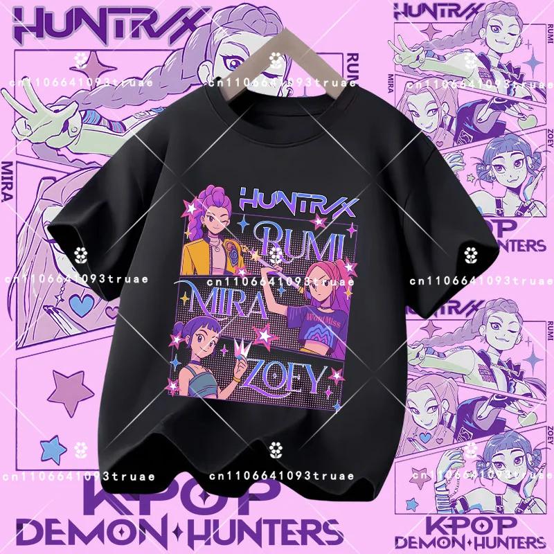 Polyester short-sleeved K-pop Demon Hunter girl cute sports shirt for children aged 1-12. Summer T-shirt. Casual top. Cartoon print