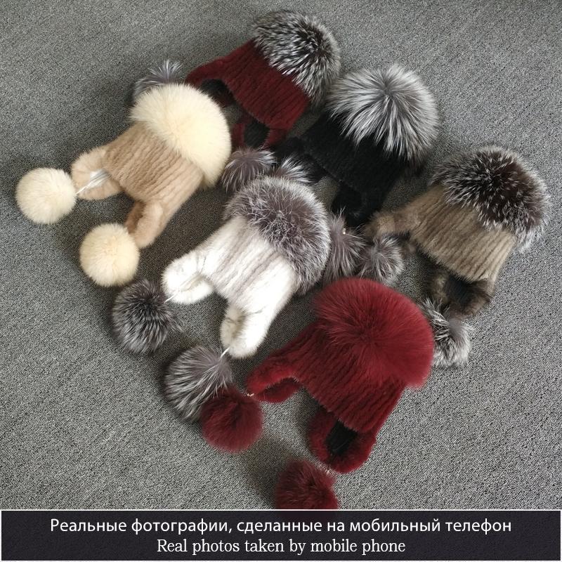 Natural Fur Hat For Women Real Mink Fur and Fox Fur Handmade Winter Female Cap Genuine Fur Lined Beanies Big Fox Fur Pompom Hats