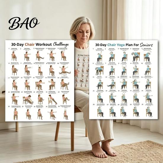 Easy Home Workouts For Elderly 2Pcs Chair Yoga Poster Set, 30 Day Seated Exercise Chart for Safe Senior Fitness Program Seniors, Gentle Stretching