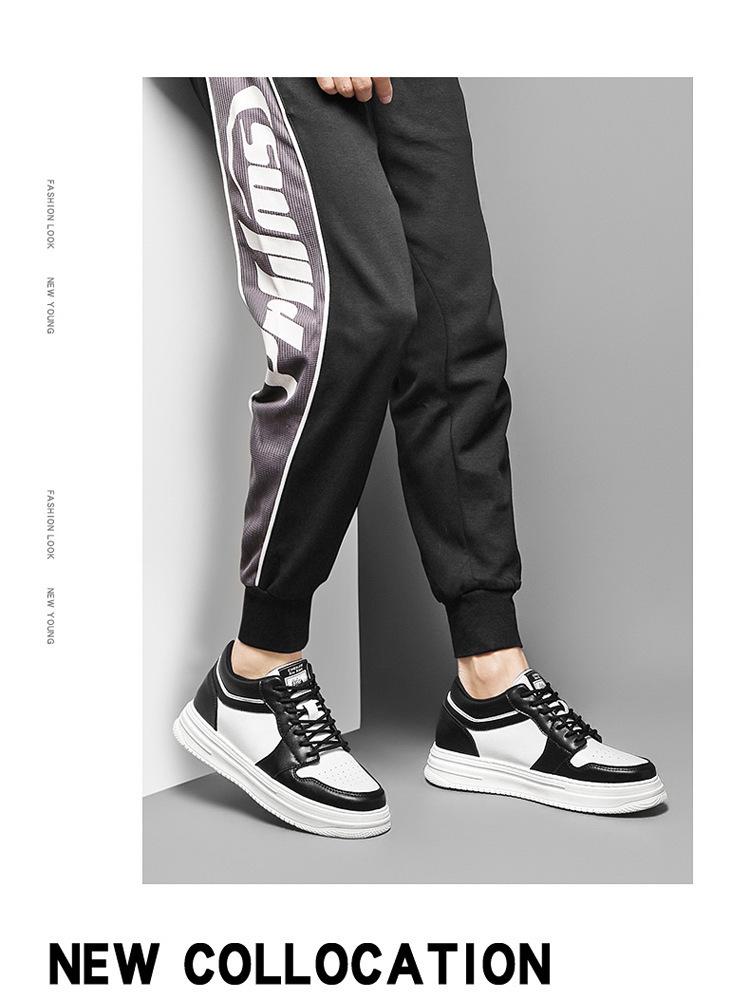 Men's Height Increasing Platform Board Shoes - Thick Sole, Color Blocking, Spring Low-Top Cowhide Sports Sneakers
