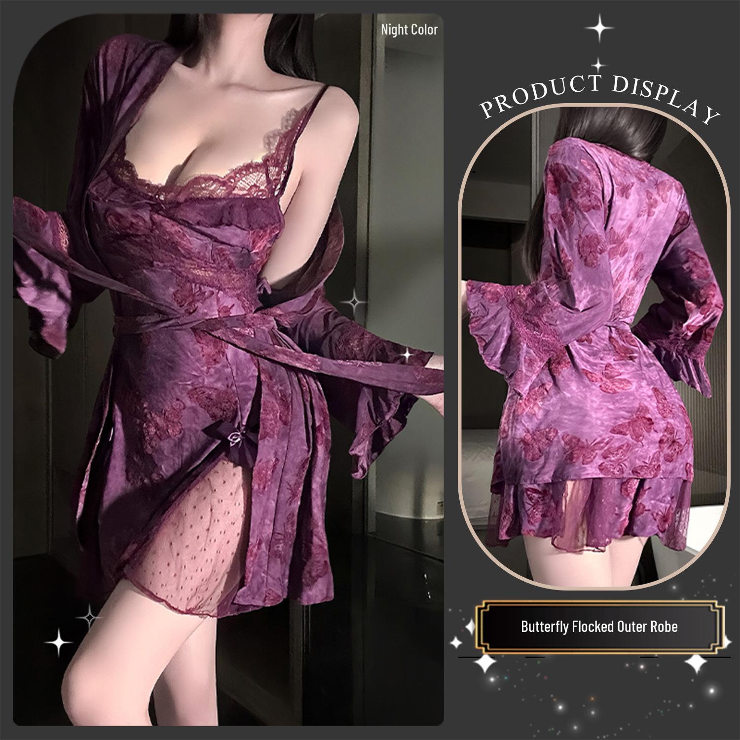 

Золотая Ночь Сексуальное Белье: Ночная сорочка большого размера без спины с подкладкой и фиолетовым принтом бабочек в комплекте с халатом. M