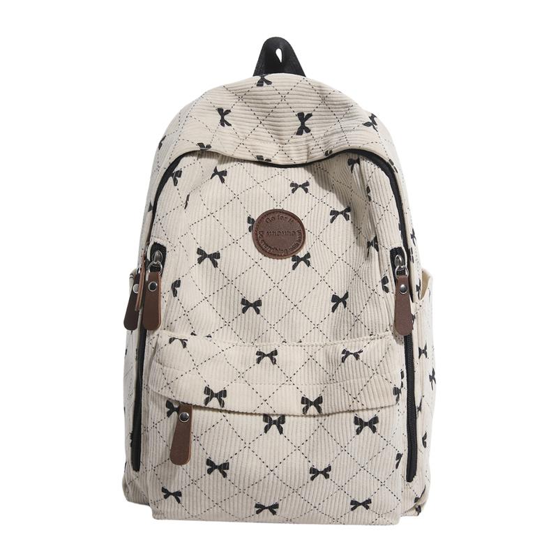 Cute Bow Print Corduroy Backpack for Women Casual Daypack Travel School Bag with Multi Pockets