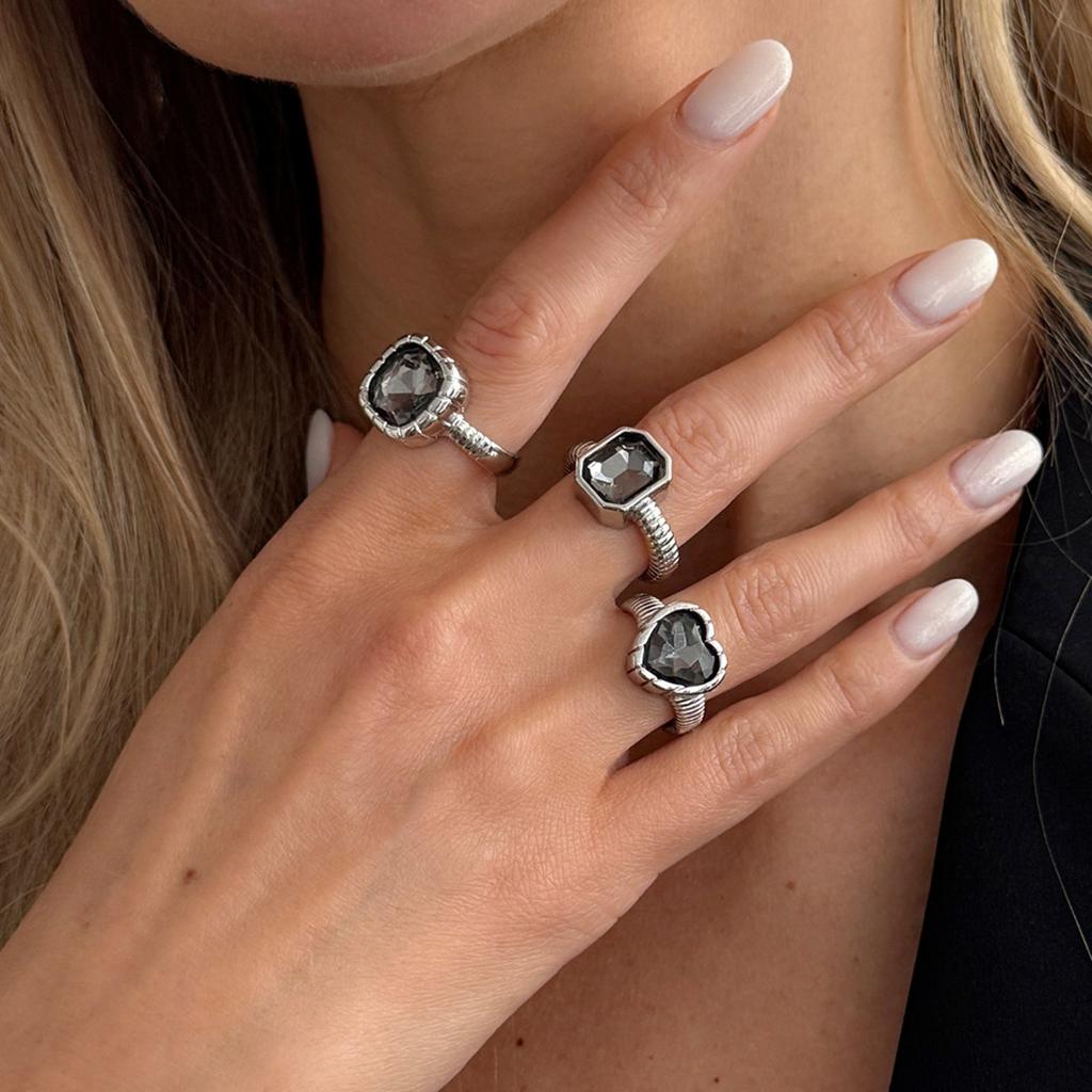 SHIXIN 3 Styles Exquisite Shiny Black Acrylic Rhinestone Open Rings for Women Elegant Square Heart Adjustable Knuckle Ring Gifts