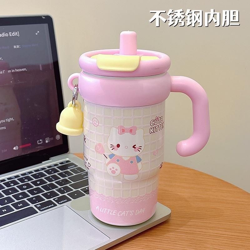 Cartoon cute Big Mac handle ice cup girls large capacity desktop thermos cup 111 stainless steel straw cup