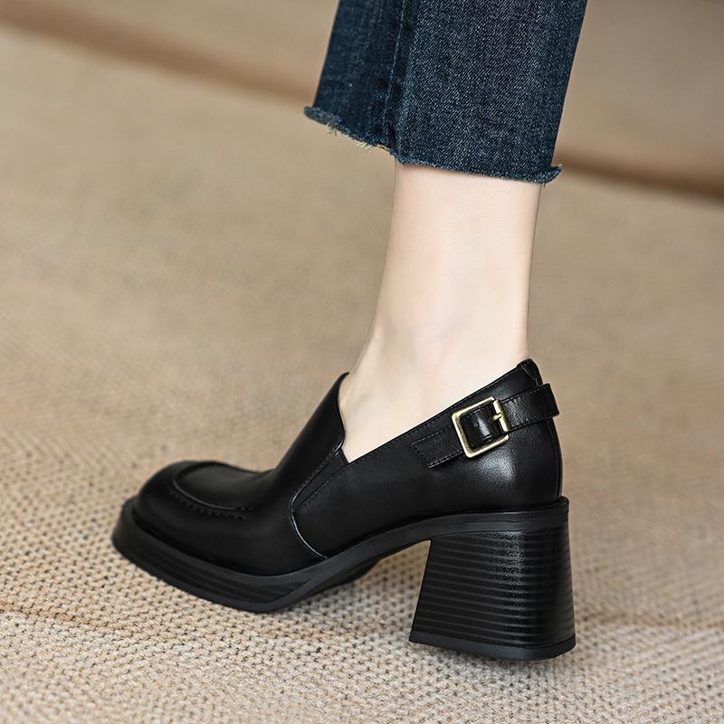 Single shoes women's autumn and winter retro big head belt buckle deep mouth thick sole thick heel round head elastic high heels