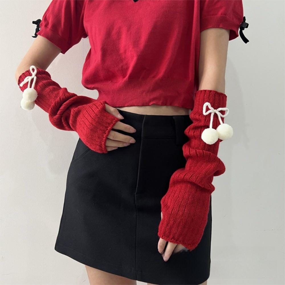 Fashion Long Arm Warmer Gloves Cute Furry Ball Cold Proof Warm Arm Sleeve Knitted Fingerless Gloves Women