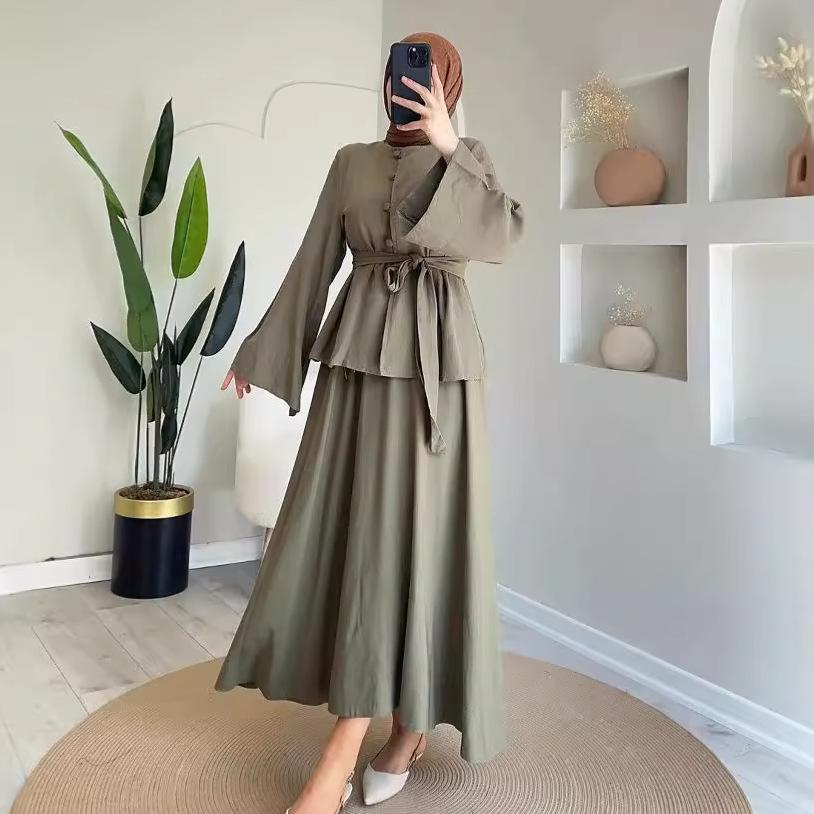 2024 Autumn Women's Solid Color Lace-up Slim-fit Top and Casual Midi Skirt Set