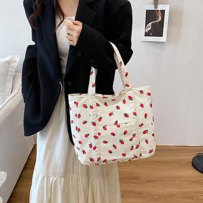 Printed Corduroy Versatile Tote Bag Large Capacity Shoulder Strawberry Canvas Bag Bag 2025 New Storage Bag