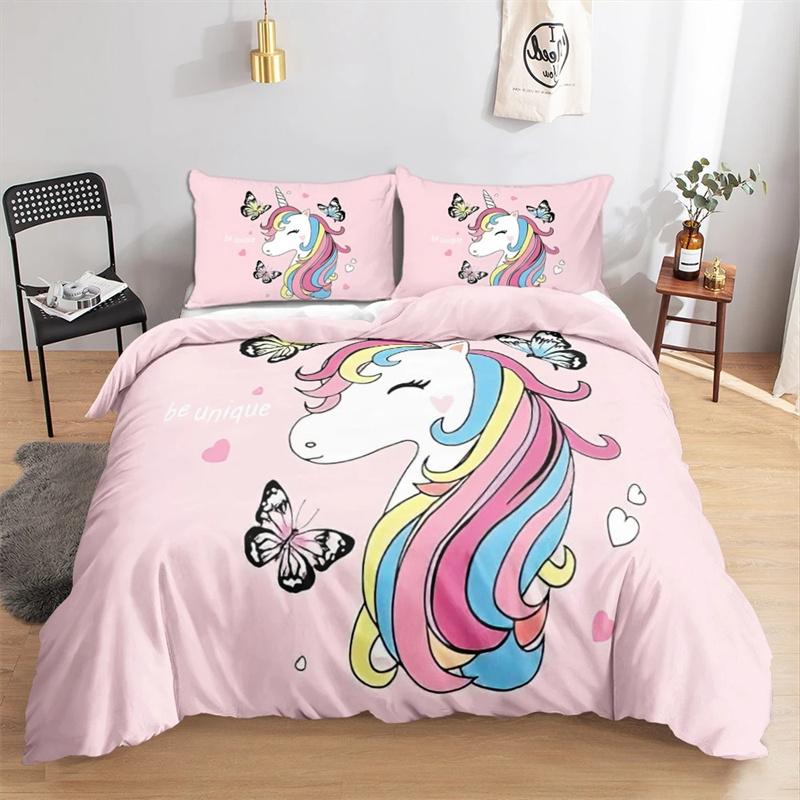 Kawaii Einhorn Buntes leuchtendes Einhorn-Kinderbettwäscheset für Mädchen Rosa Deluxe Bettbezug Bettwäscheset King Queen Bettbezug