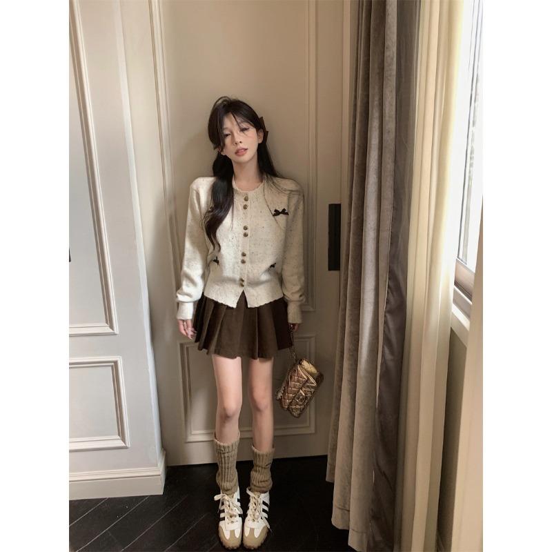 Short Knitted Cardigan Women's Autumn New Bow Design Loose Long-sleeved Sweater Jacket
