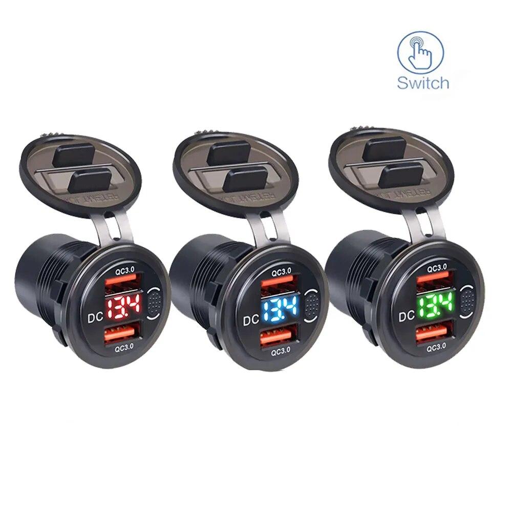 

Автомобильное зарядное устройство с двумя USB-разъемами 12-24 В, водонепроницаемое адаптер быстрого зарядного устройства QC3.0 с переключателем вольтметра, автомобильные аксессуары