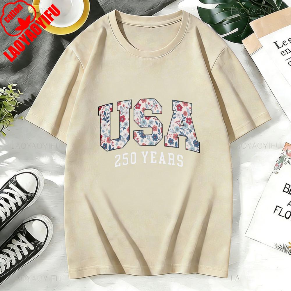 T Shirt Women Cotton Short Sleeve O Neck Casual Fashion Usa 250 Years Floral Print Top For Her Summer Holiday Gift