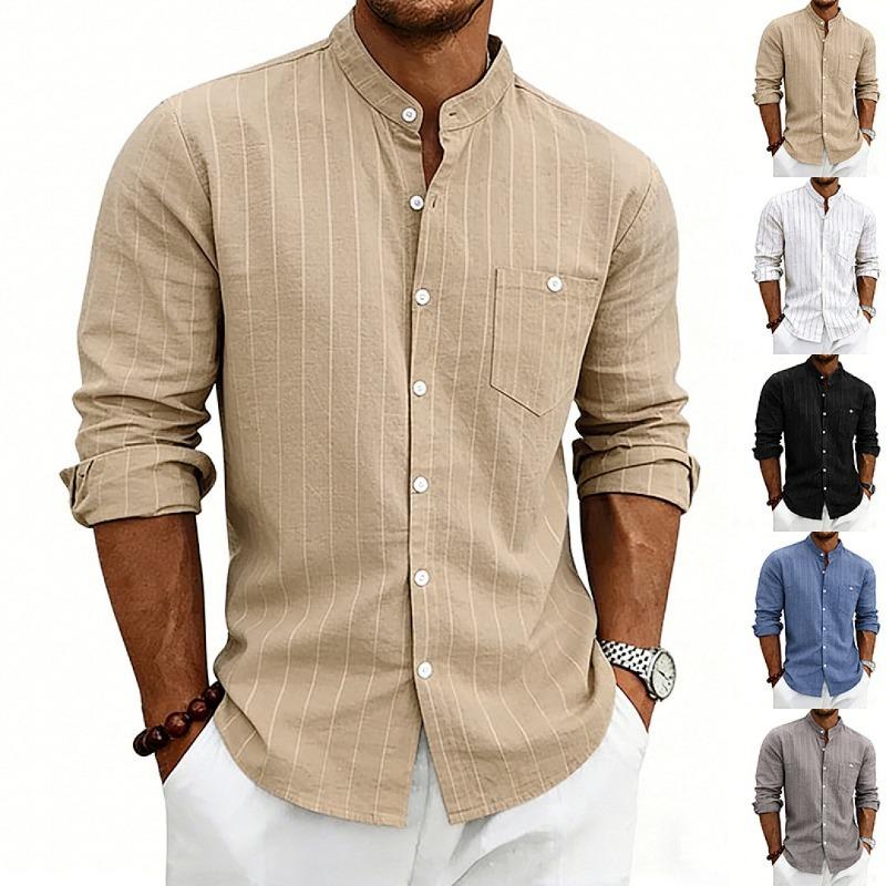 Mens American Style Striped Linen Stand Collar Long Sleeve Casual Shirt For Spring Autumn