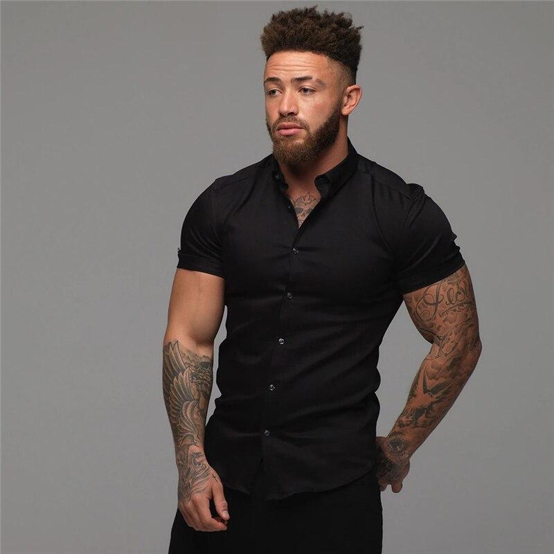 Muscleguys Summer Men's Short Sleeve Shirt Korean Slim Mature Handsome Business Casual Solid Color Versatile Trend Tops