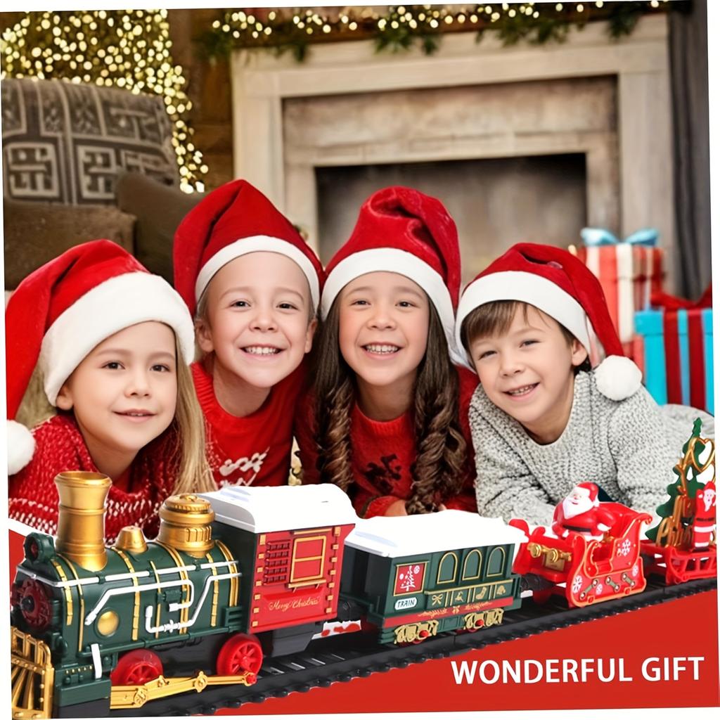 Christmas Tree Electric Train Tracks Set Santa Claus Cargo Cars With Xmas Sounds Lights Adjustable Toys For Adult New Year Gift
