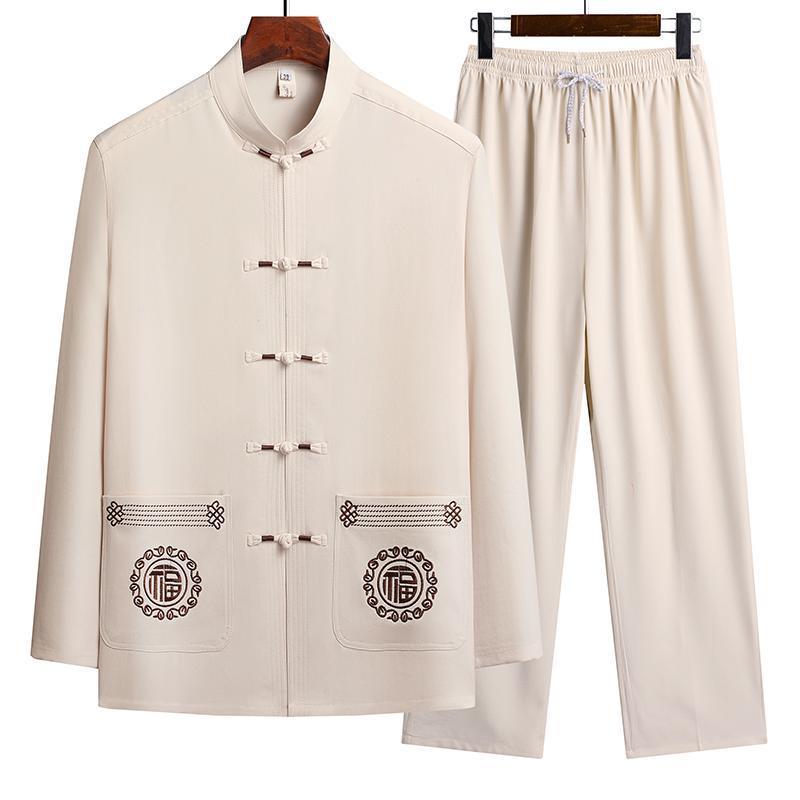 

Весна Осень Мужской Принт Китайский Стиль Длинные Рукава Рубашки Брюки Спортивная Одежда Лето Мужские Повседневные Комплекты Рубашки + Брюки XXXXL бежевый