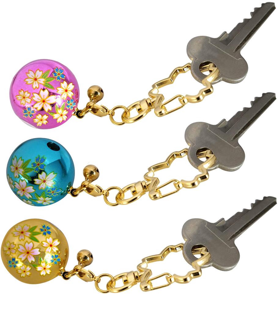 [ZOON] Kaleidoscope Keychain (3 Pieces) with 8mm Bell, Metallic Japanese Pattern, Set 2 (pink, Light Blue, Gold)