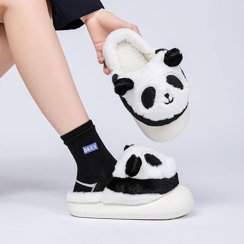 Cute Thick Sole Panda Slippers Women Supple Animal Pattern Shoes Ladies Fuzzy Winter Keep Warm Slides Bedroom Shoes Size 36-45