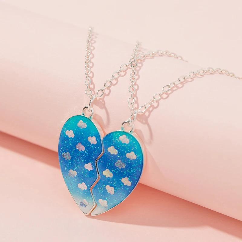 Heart-shaped Scallion powder Sequin Pendant Best Friend Chain Lovely BFF Friendship Necklace for Friend Girl 2 Pcs/Set