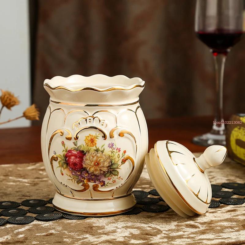 European-style Ceramic Sealed Candy Jar Coarse Grain Storage Cans with Lids Tea Cans Home Kitchen Storage Decoration Kimchi Jar