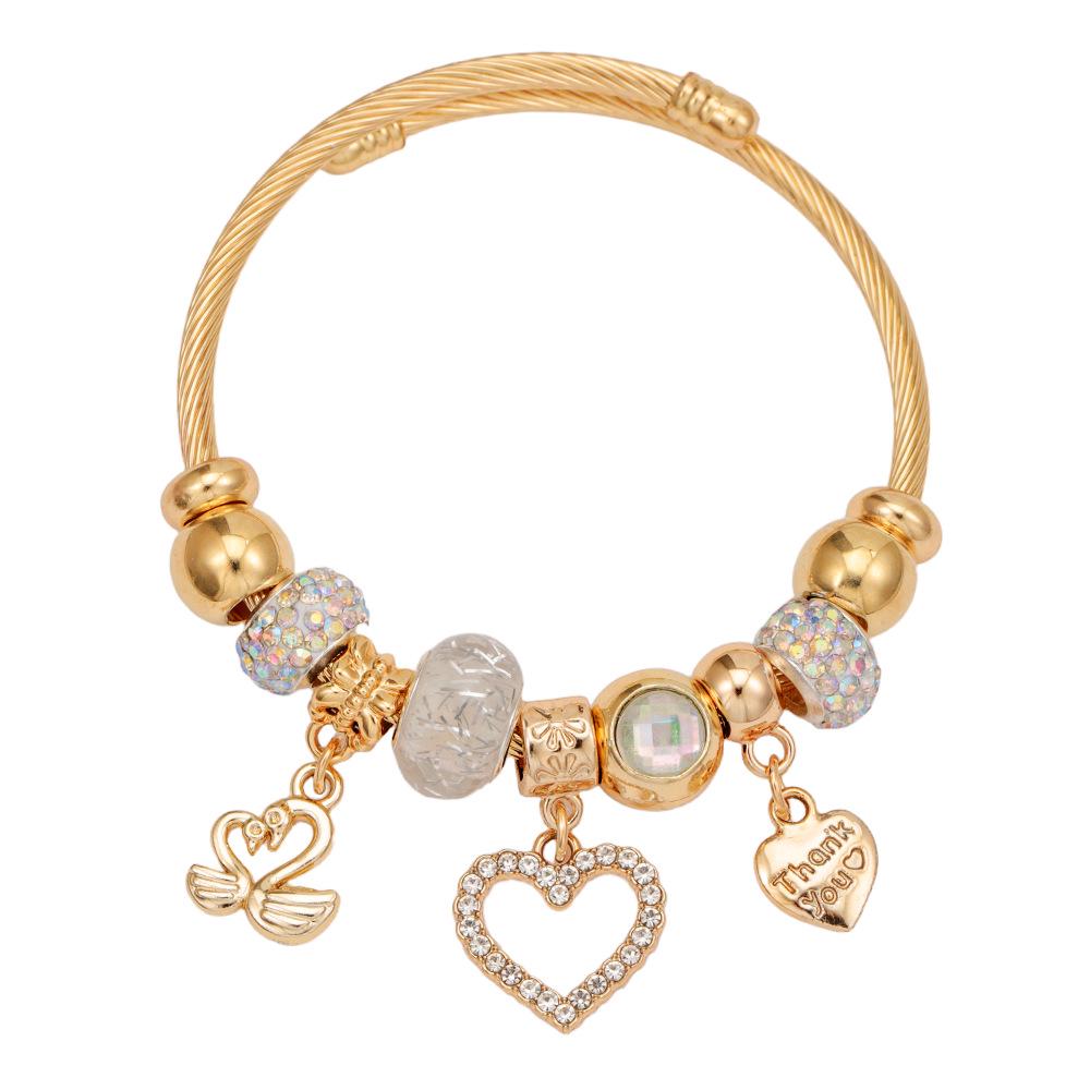 Stainless Steel European-American Heart Swan Pendant Beaded Bracelet