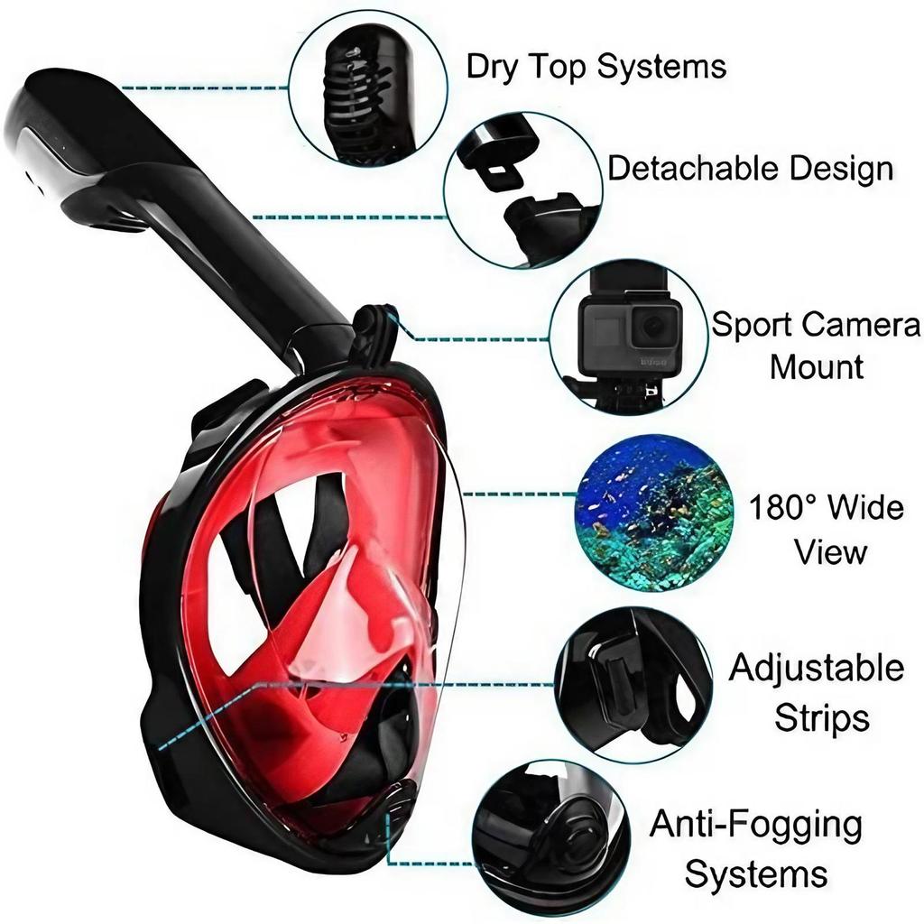 Silicone Full Face Snorkel Mask 180 Degree View Anti Fog Leak Proof Breathing Tube Camera Mount Swimming Safety Gear