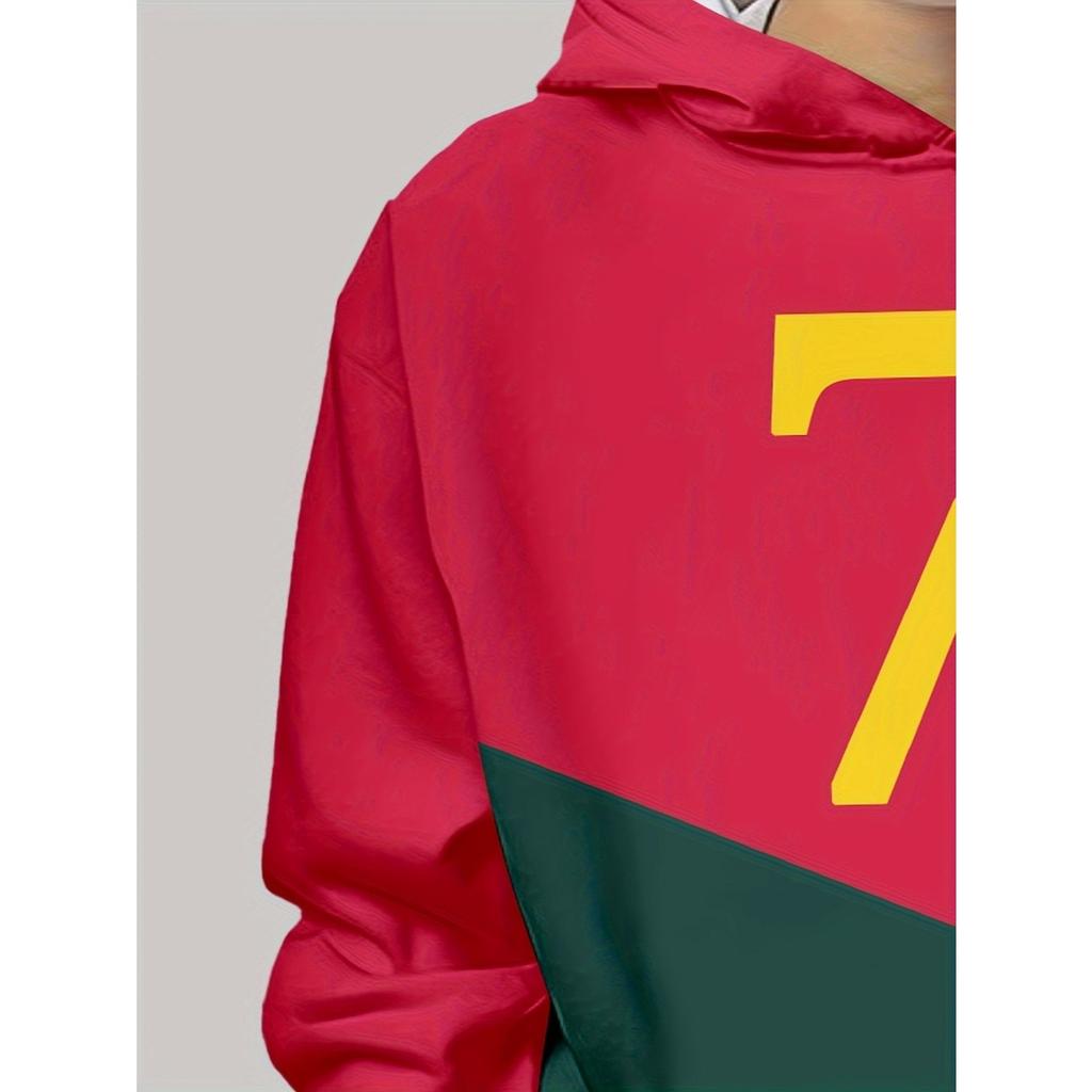 Boys' 3D Printed Casual Hoodie - Long Sleeve Hoodie, "Size 7" Design, Red Green Blocks