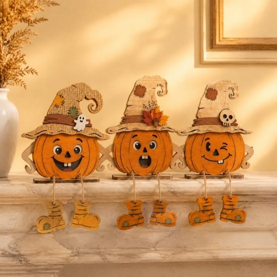 Unique Housewarming Gifts for Fall 3PCS Distressed Wooden Pumpkin Ornaments, Witch Hats And Ghost Patches Rustic Hat Decor Decor, Halloween Farmhouse