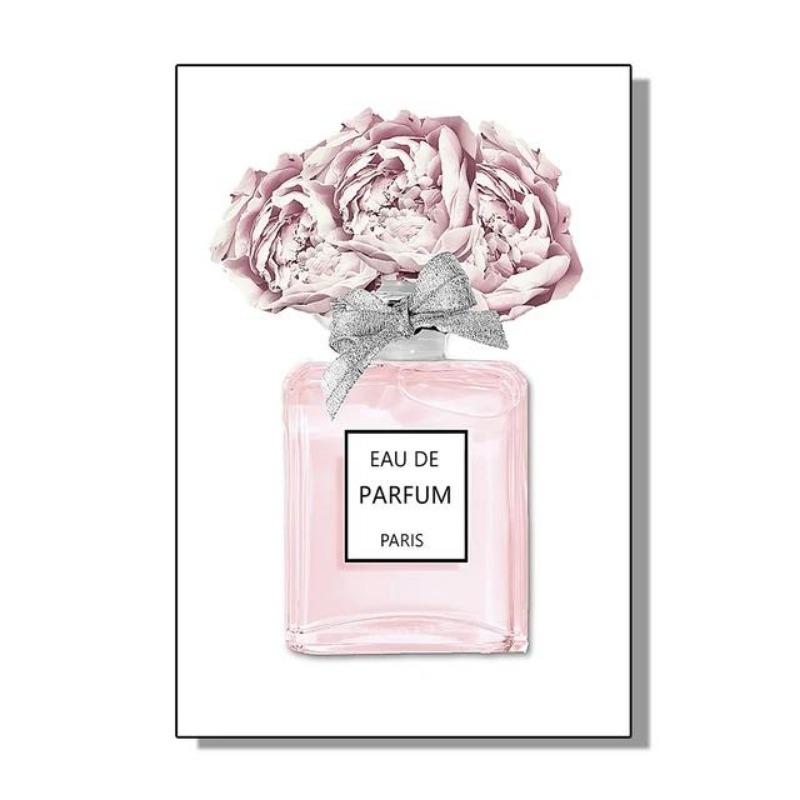 Elegant Perfume Bottle  Pink Flowers Poster Chic Beauty Fashion Canvas Art for Modern Home Living Room Wall Decor