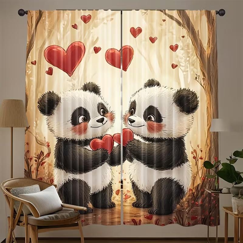 2 Stück niedliche herzförmige Vorhänge mit Pandamotiv, geeignet für Schlafzimmer-, Wohnzimmer- und Küchendekoration, Heimdekoration, Fensterdekoration
