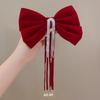 Cloth Bowknot Spring Clip Rhinestone New Year Hairpin Red Velvet Bow Hair Clip  Ponytail Holder