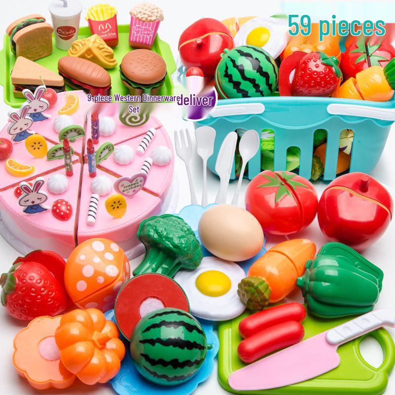 Kids' Pretend Play Kitchen Set: Fruit, Vegetables, Pizza, Cake Cutting Toy