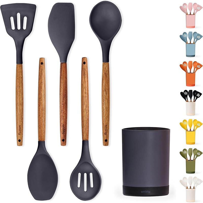 

Силиконовый набор кухонных принадлежностей и держатель: Набор кухонных принадлежностей - Необходимые кухонные принадлежности для нового дома и т. д. 6 Piece Set серый