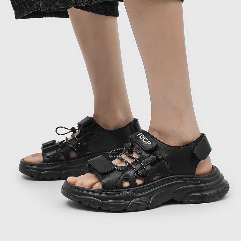 Premium Open-toed Sandals Summer Wear New Thick-soled Cool Slippers Internet Celebrity Beach Shoes 471222 Black -J