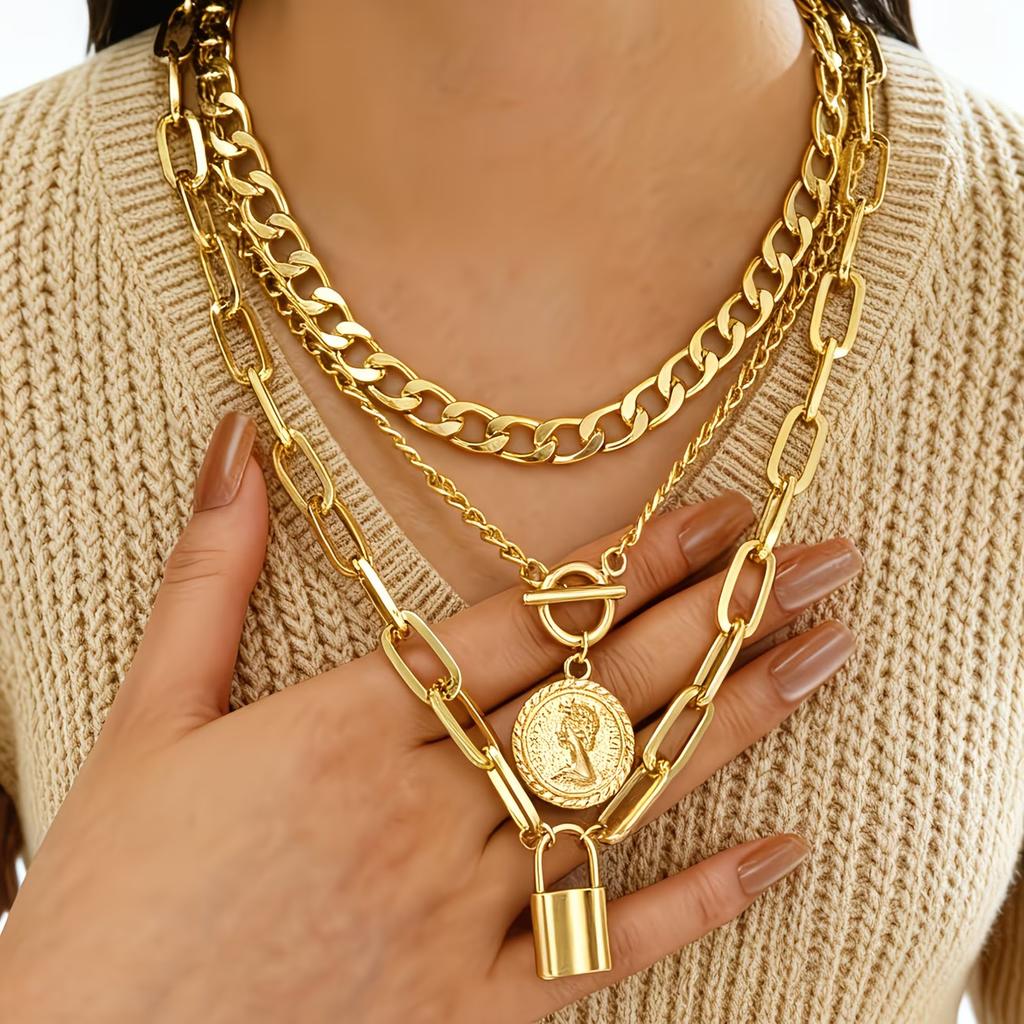6pcs/3pcs Vintage Elegant Fashion Multi-Element Portrait Coin Cross Lock OT Buckle Pendant Hollow Chain Layered Necklace Set New