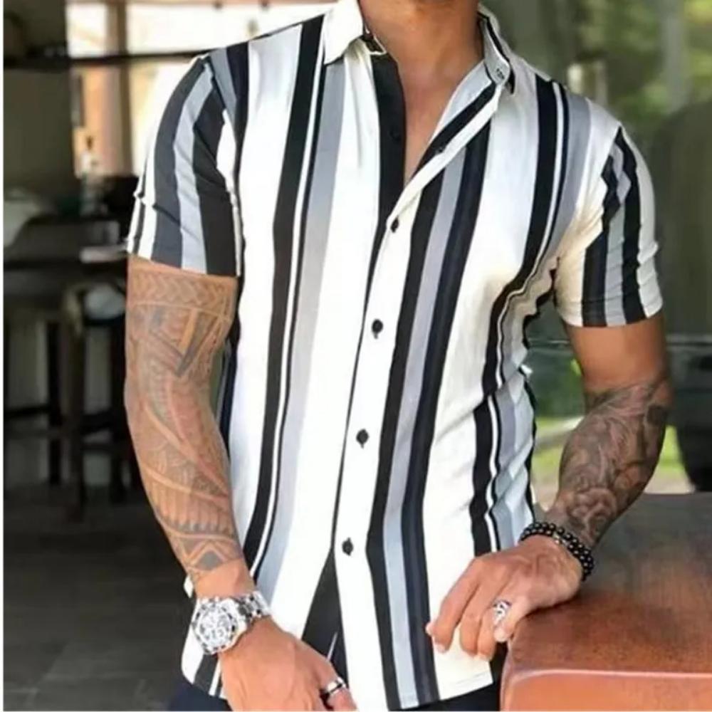 New Men's Striped Print Shirt, Casual Short Sleeve Turn-down Collar Summer Tops