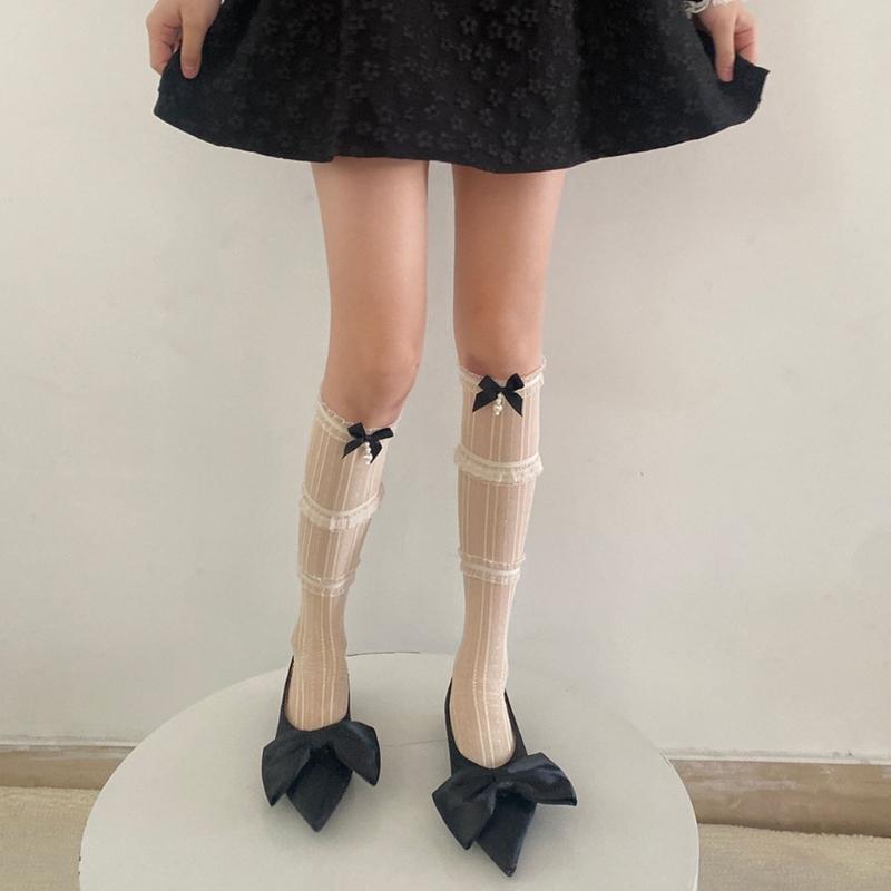 Womens Knee Length Lacy Edge Sock Bows Tie Stocking Bows Tie Long Fishnet Mesh Ballet Style Dance Sock for Summer
